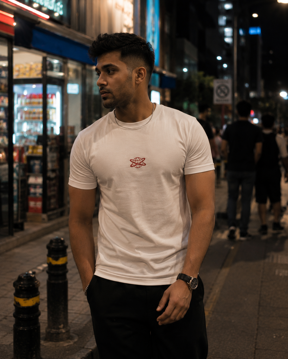 White Drip Earth premium cotton stretch t-shirt - front model view