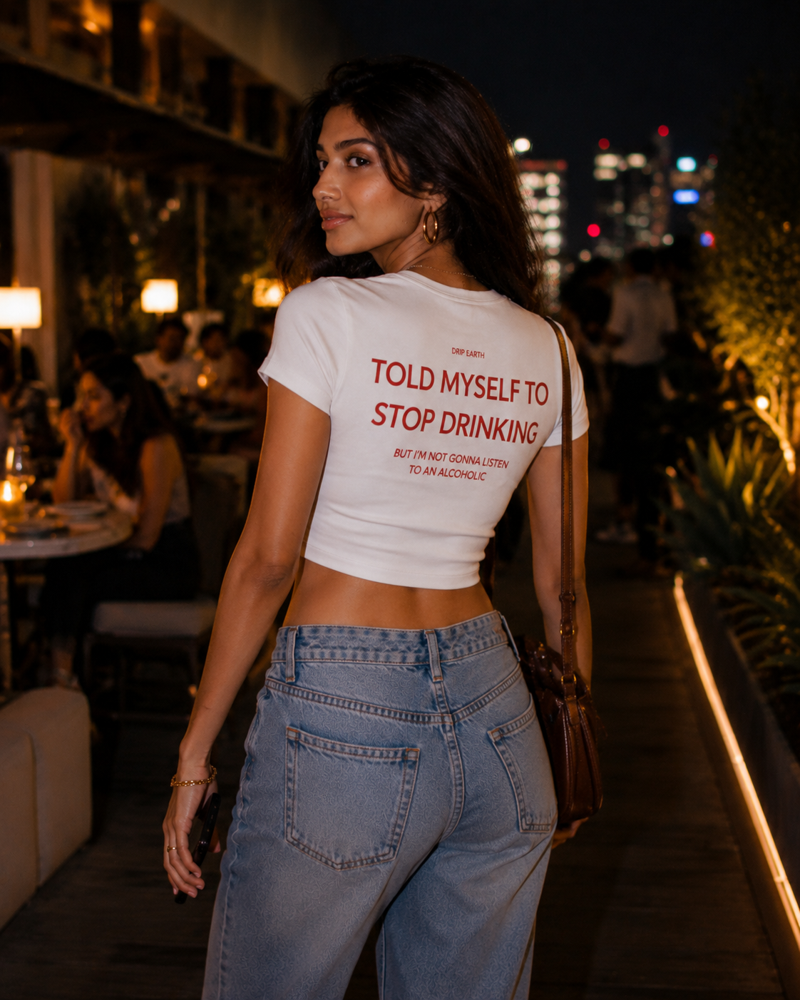 White Drip Earth oversized heavyweight t-shirt with STOP DRINKING graphic - lifestyle streetwear shot