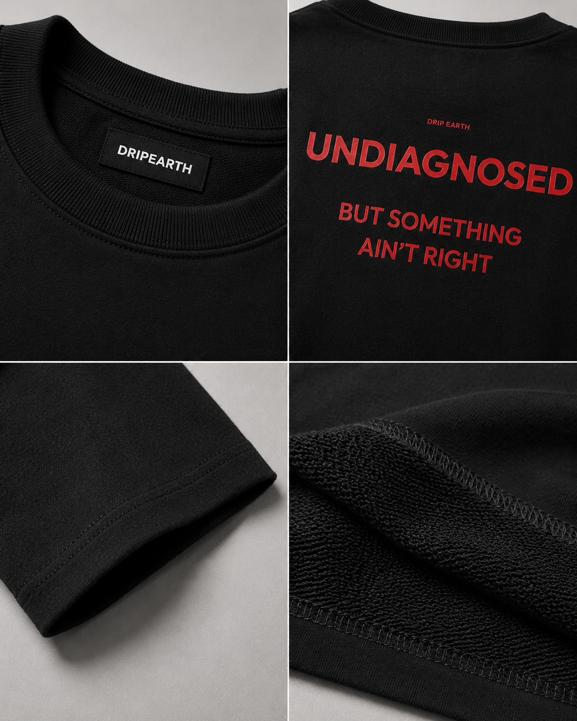 Black Drip Earth oversized heavyweight t-shirt detail collage showing collar, print and fabric close-ups
