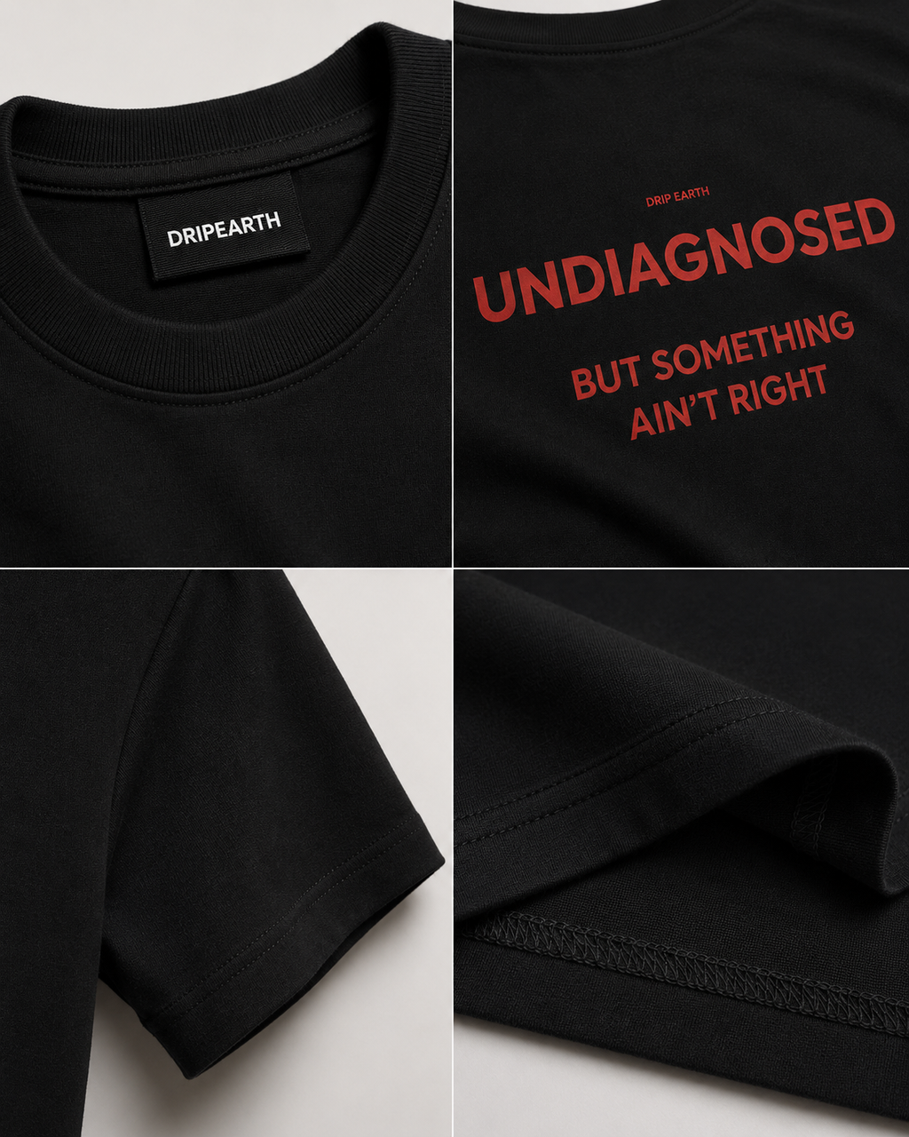 Black Drip Earth premium cotton stretch t-shirt detail collage showing collar, print and fabric close-ups