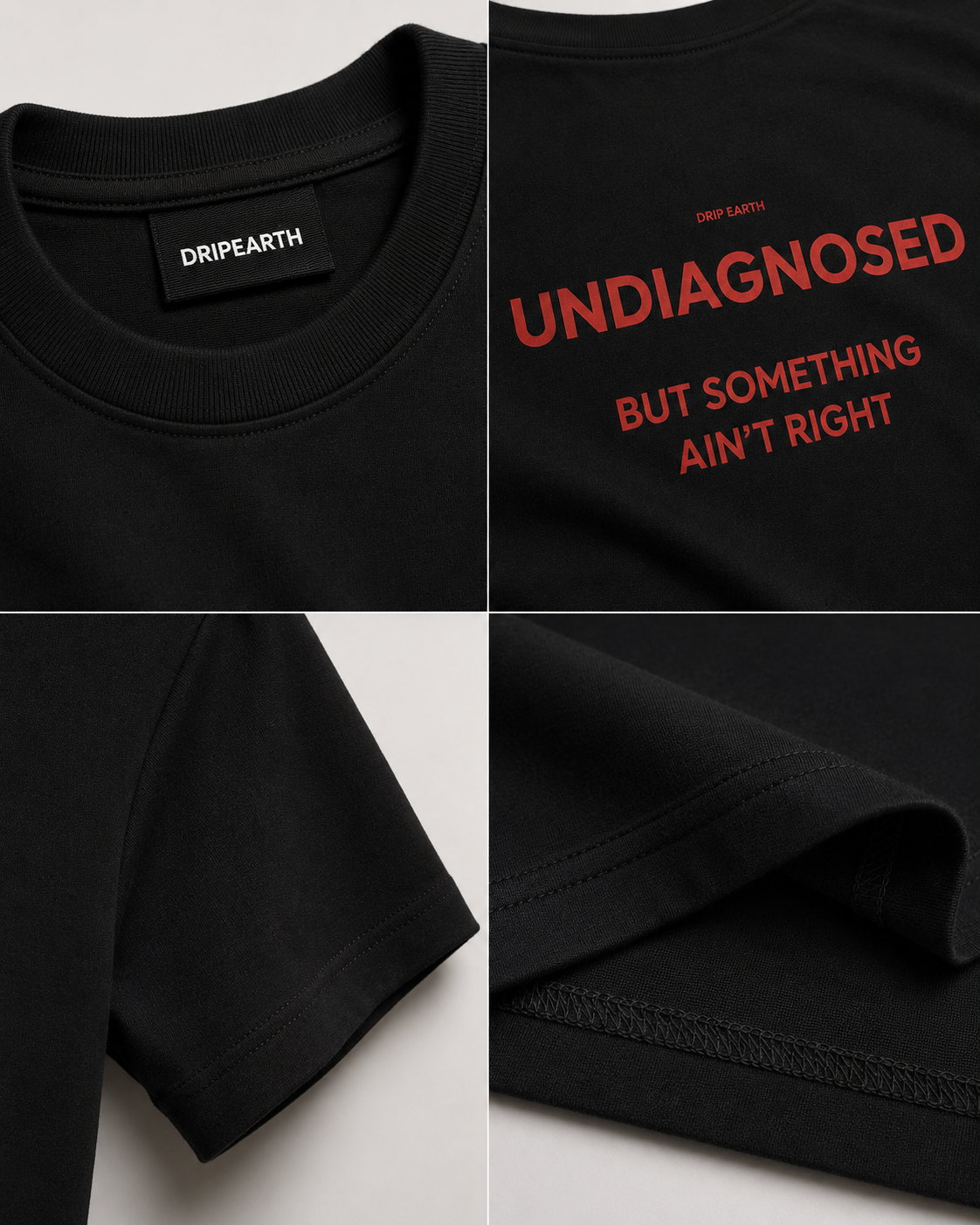 Black Drip Earth premium cotton stretch t-shirt detail collage showing collar, print and fabric close-ups