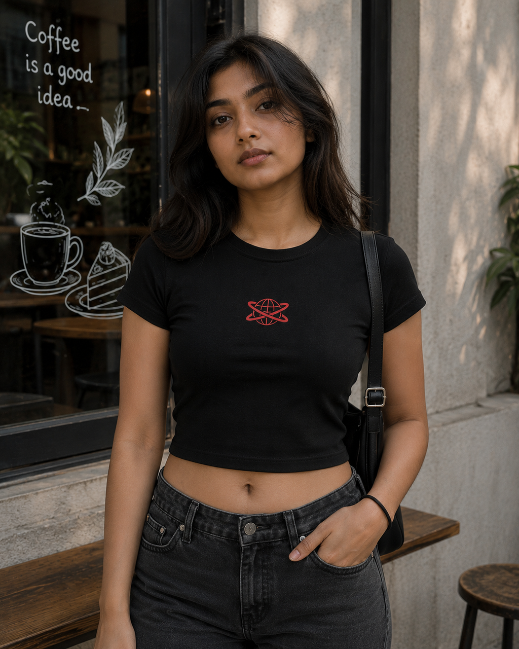 Black Drip Earth female baby tee - front model view