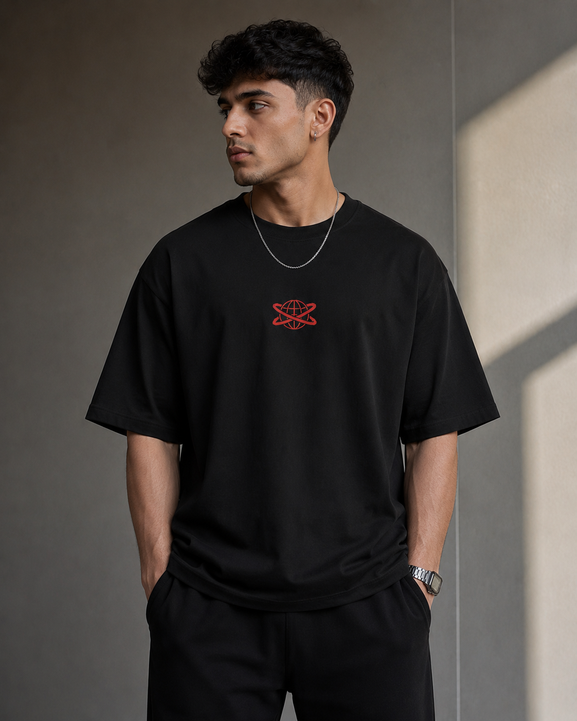 Black Drip Earth premium cotton stretch t-shirt - front model view