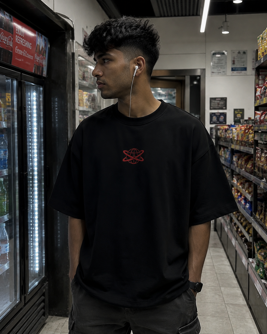 Black Drip Earth oversized heavyweight t-shirt - front model view