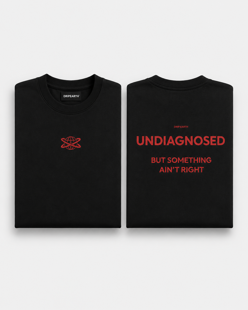 Black Drip Earth premium cotton stretch t-shirt with UNDIAGNOSED graphic - folded front and back view