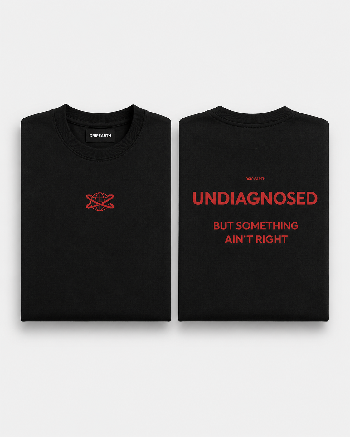 Black Drip Earth premium cotton stretch t-shirt with UNDIAGNOSED graphic - folded front and back view