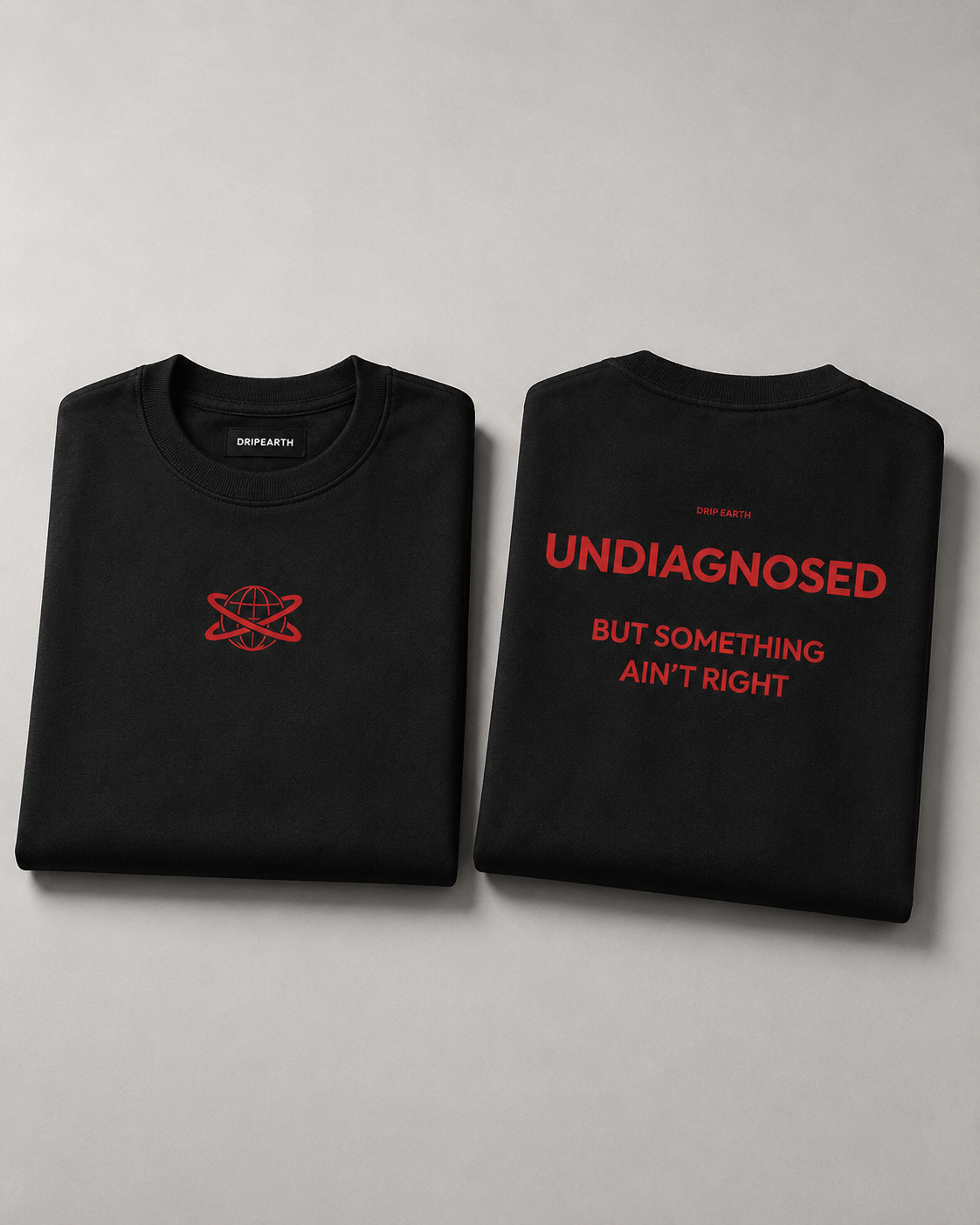 Black Drip Earth oversized heavyweight t-shirt with UNDIAGNOSED graphic - folded front and back view