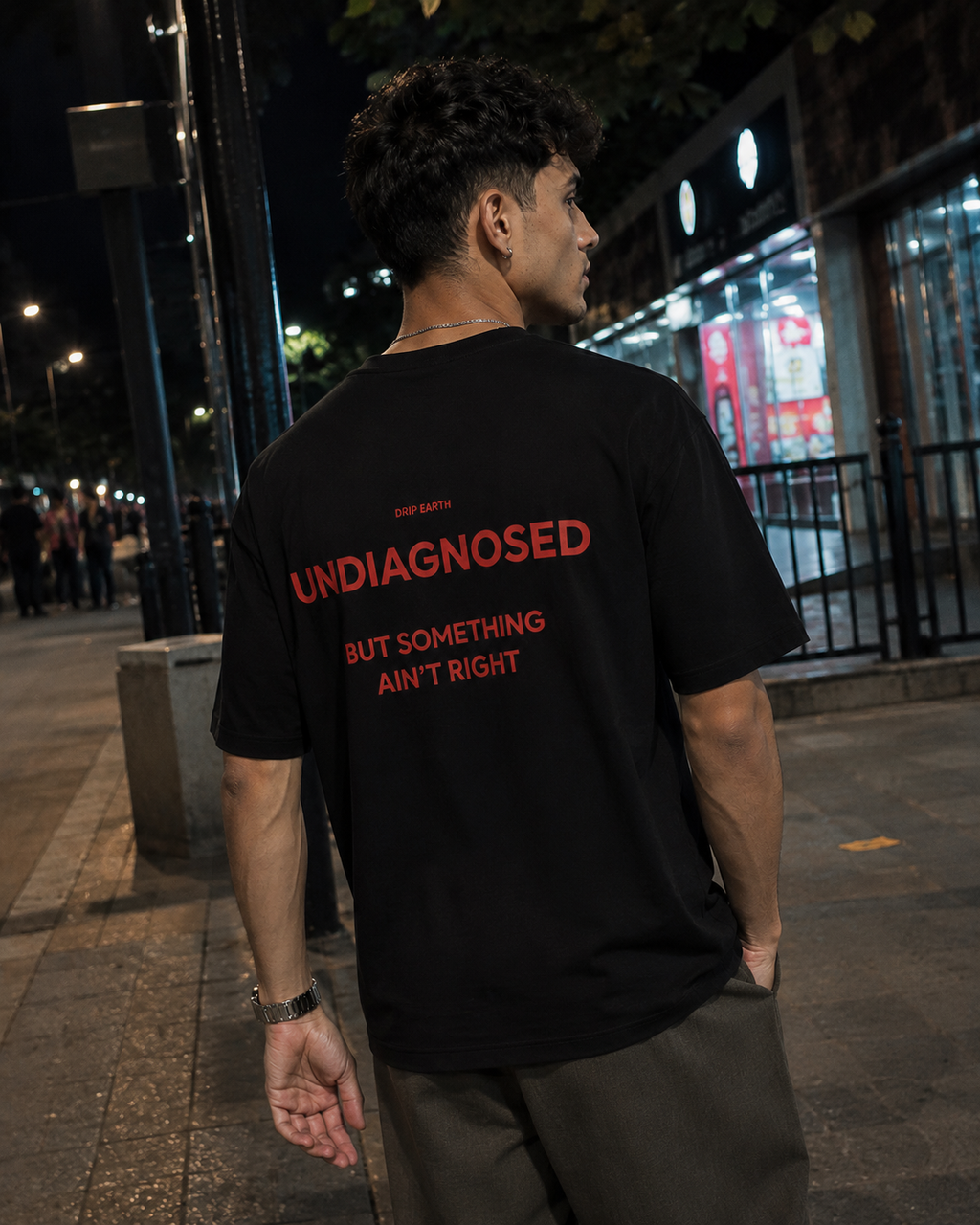 Black Drip Earth premium cotton stretch t-shirt with UNDIAGNOSED graphic - lifestyle streetwear shot