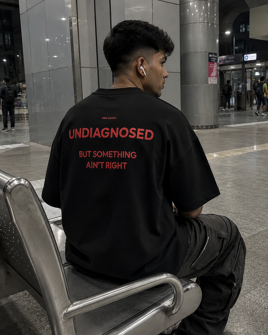 Black Drip Earth oversized heavyweight t-shirt with UNDIAGNOSED graphic - lifestyle streetwear shot