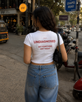 White Drip Earth female baby tee with UNDIAGNOSED back graphic - rear model view