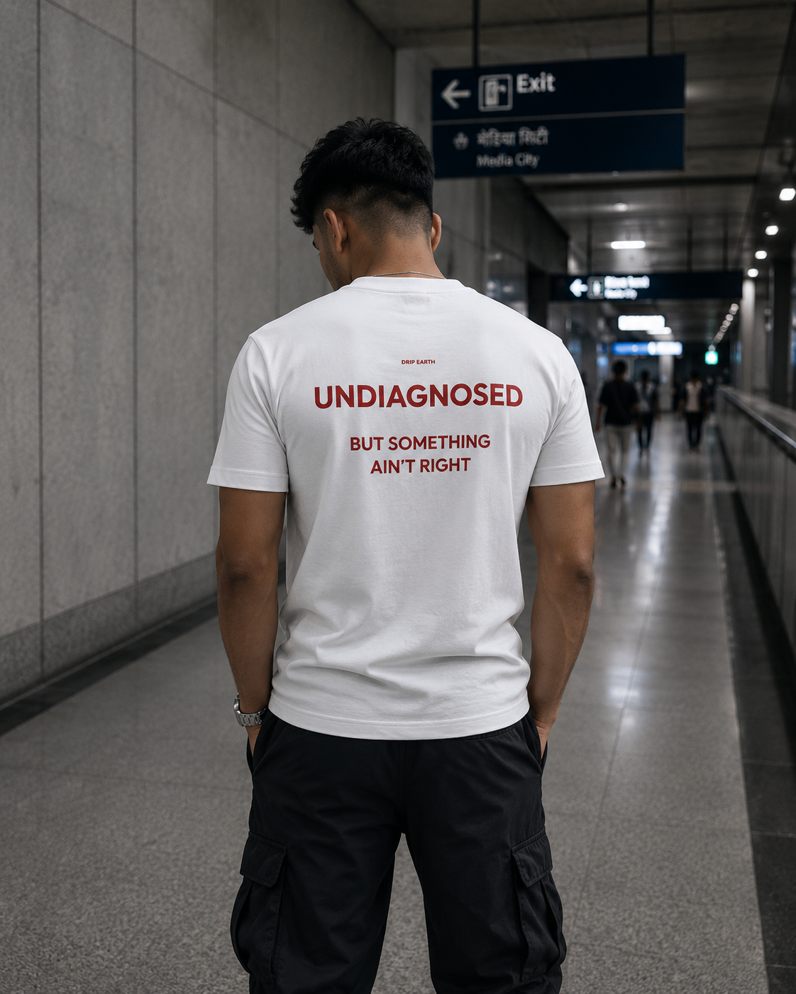 White Drip Earth premium cotton stretch t-shirt with UNDIAGNOSED back graphic - rear model view