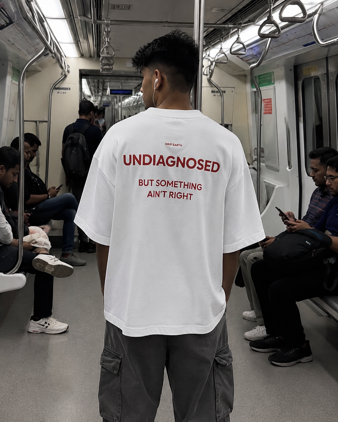 White Drip Earth oversized heavyweight t-shirt with UNDIAGNOSED back graphic - rear model view