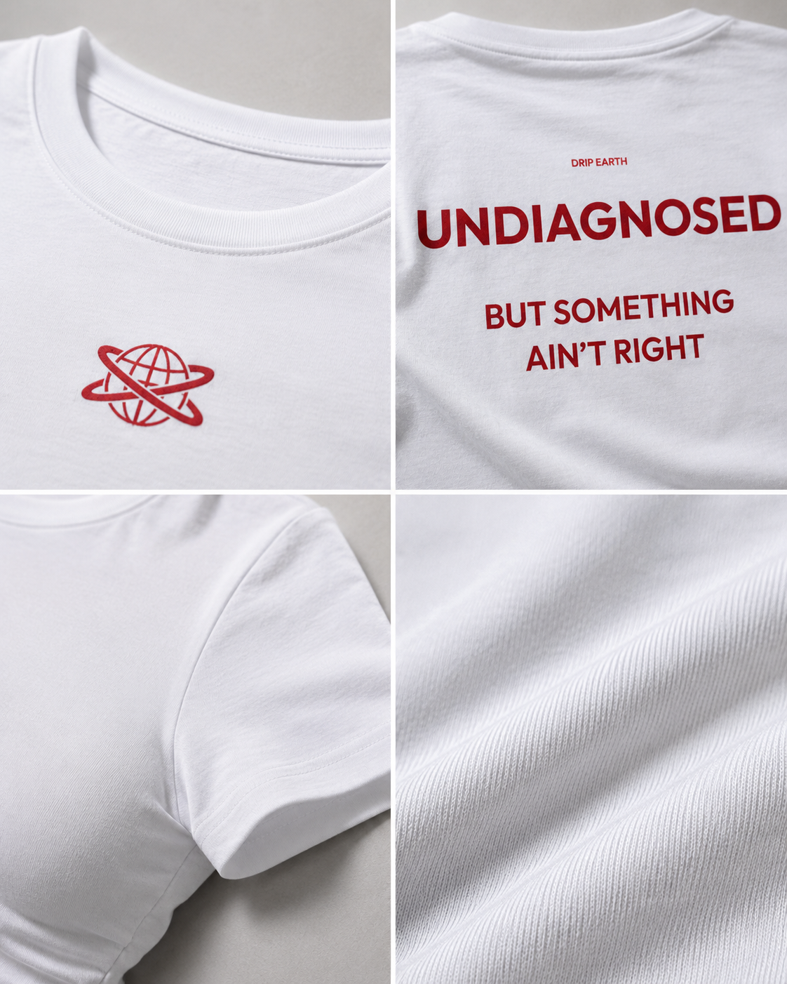 White Drip Earth female baby tee detail collage showing collar, print and fabric close-ups