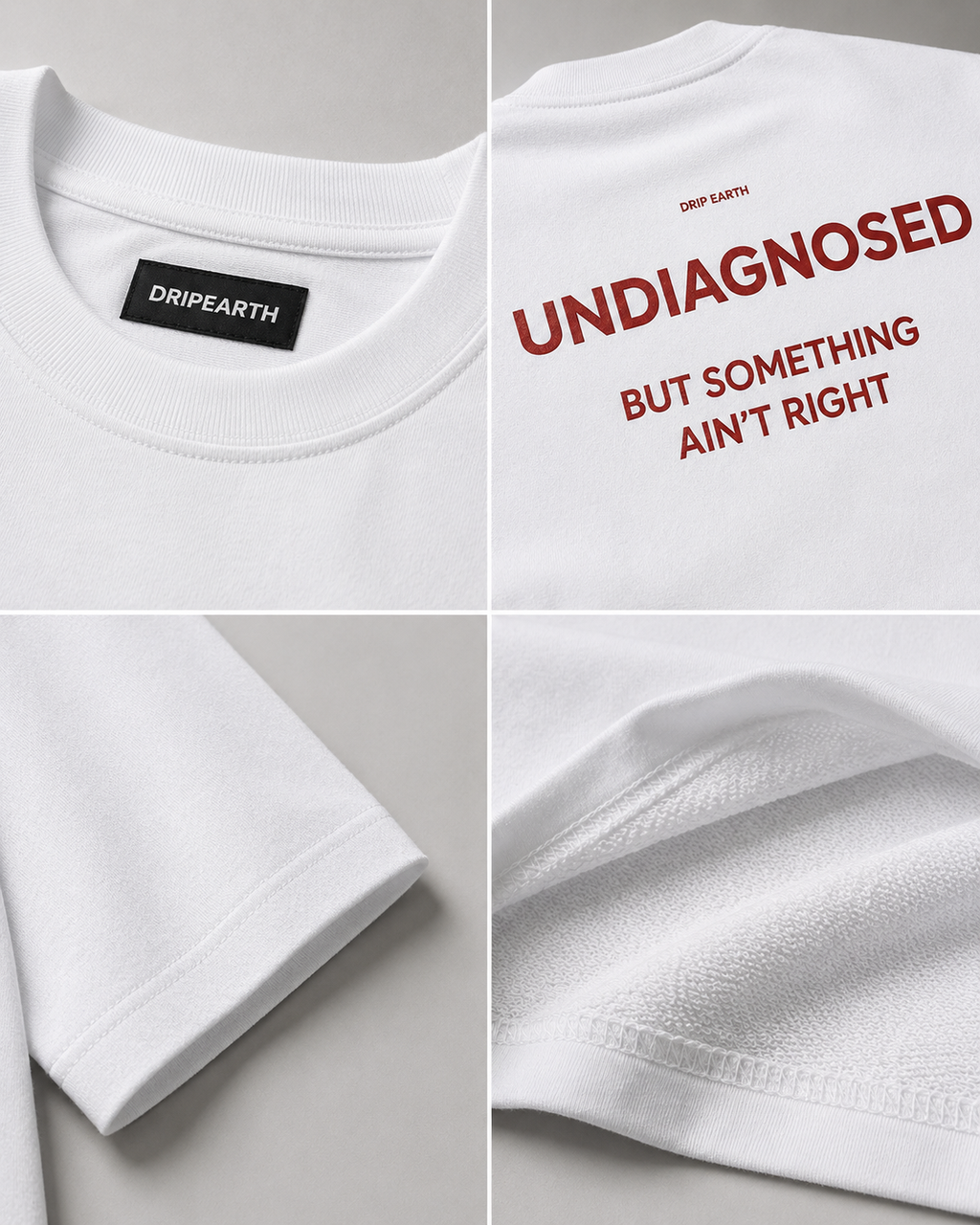 White Drip Earth oversized heavyweight t-shirt detail collage showing collar, print and fabric close-ups