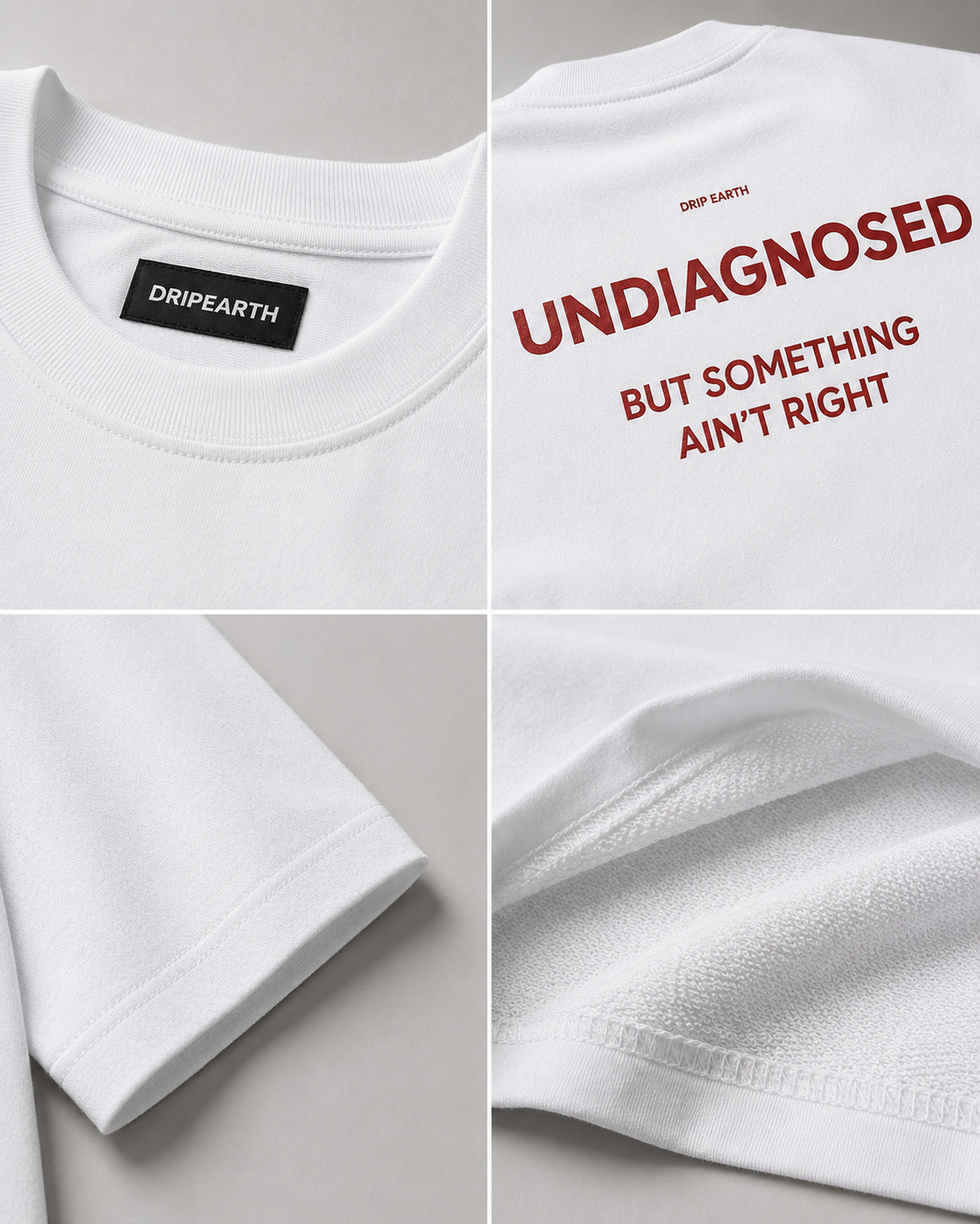 White Drip Earth oversized heavyweight t-shirt detail collage showing collar, print and fabric close-ups