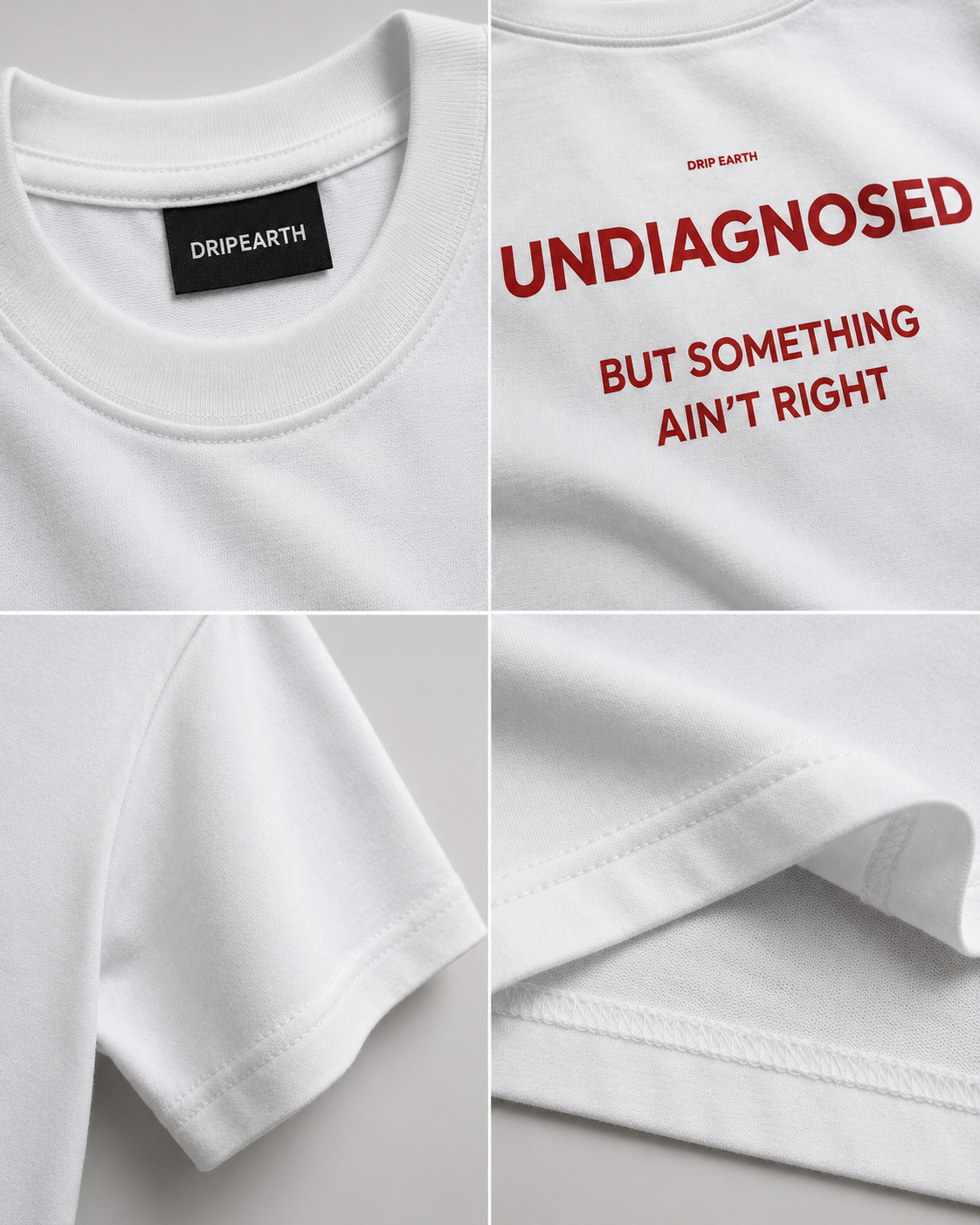 White Drip Earth premium cotton stretch t-shirt detail collage showing collar, print and fabric close-ups