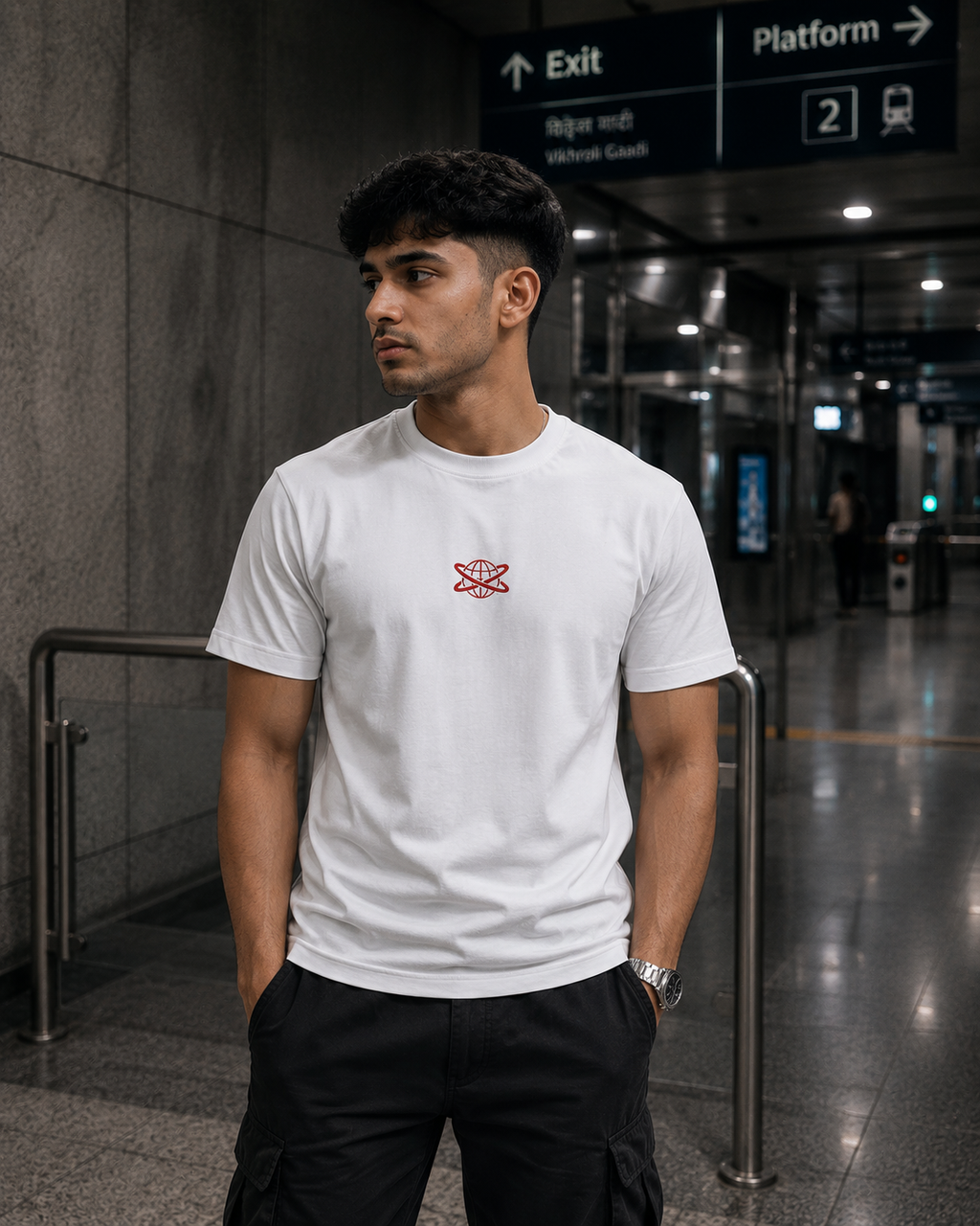 White Drip Earth premium cotton stretch t-shirt - front model view