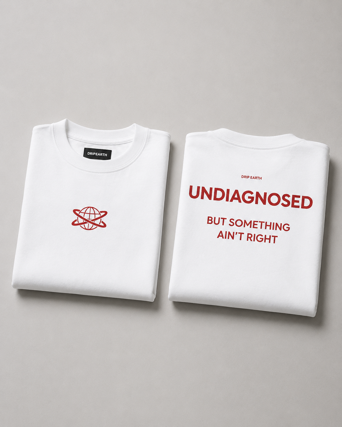 White Drip Earth oversized heavyweight t-shirt with UNDIAGNOSED graphic - folded front and back view