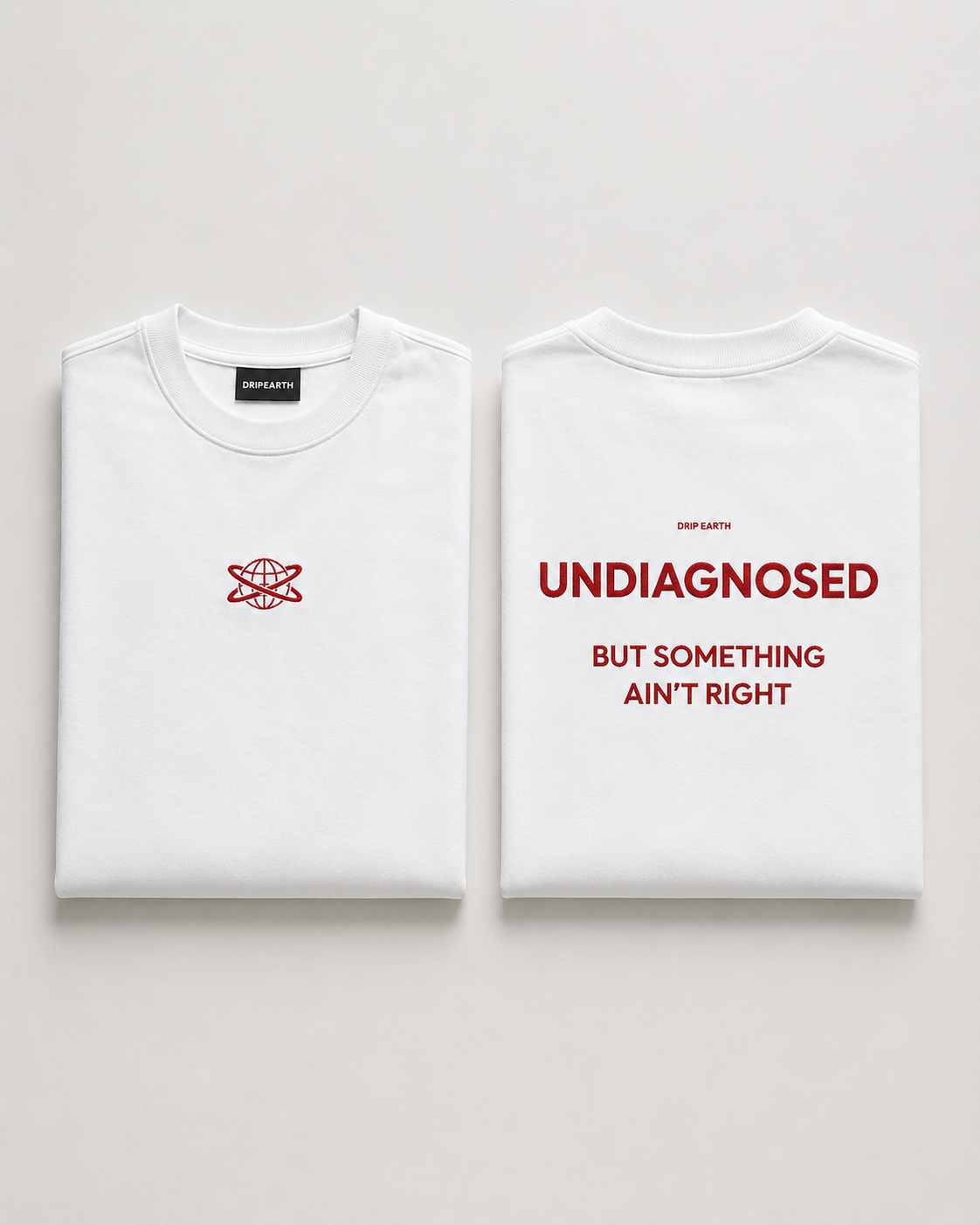 White Drip Earth premium cotton stretch t-shirt with UNDIAGNOSED graphic - folded front and back view