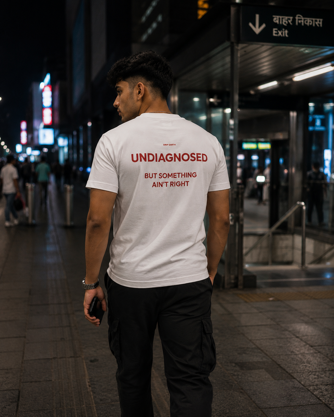 White Drip Earth premium cotton stretch t-shirt with UNDIAGNOSED graphic - lifestyle streetwear shot