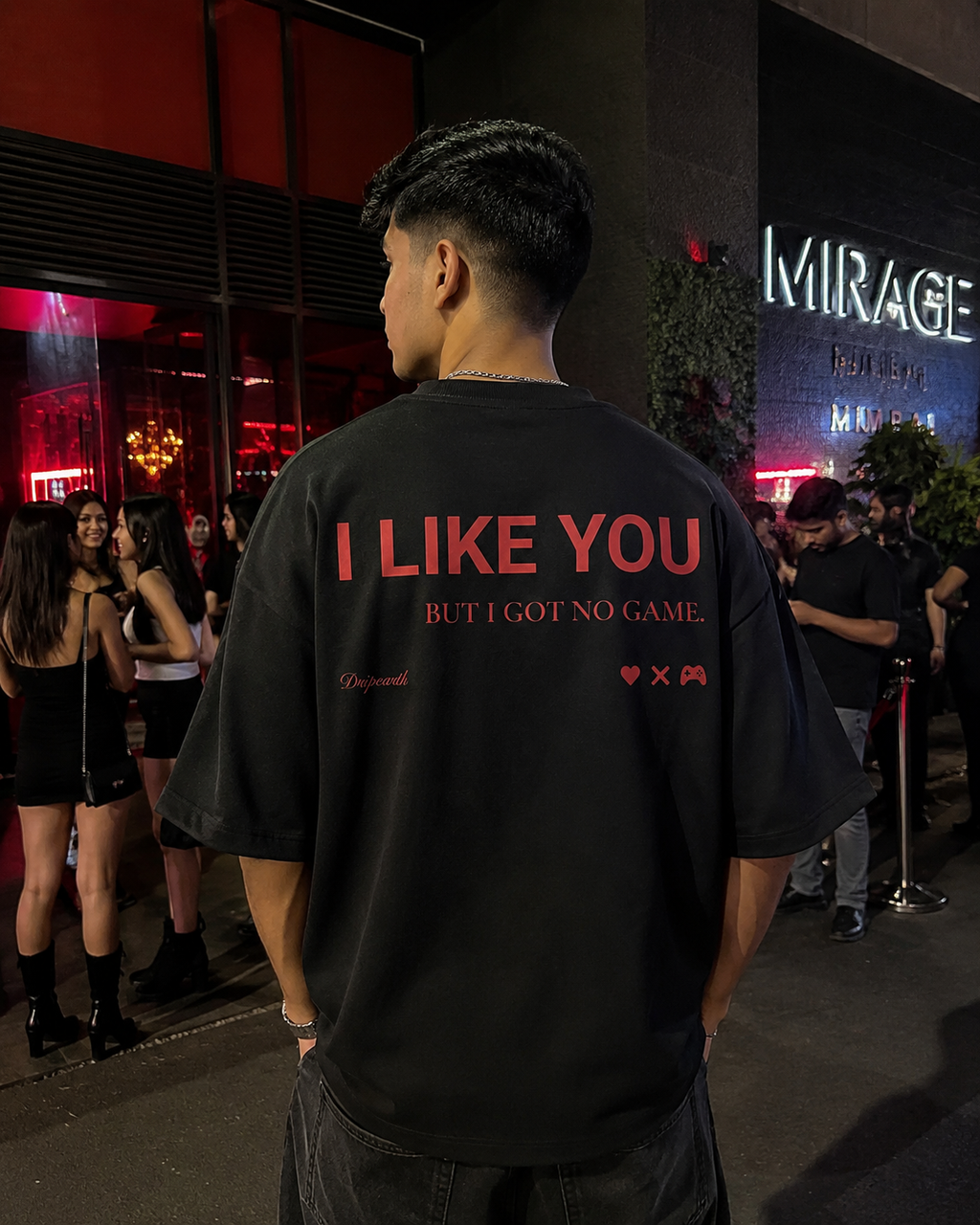 Black Drip Earth oversized heavyweight t-shirt with UNFILTERED NO GAME back graphic - rear model view