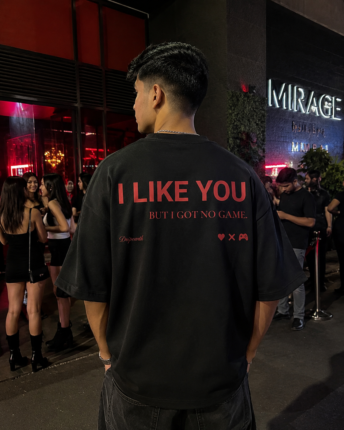 Black Drip Earth oversized heavyweight t-shirt with UNFILTERED NO GAME back graphic - rear model view