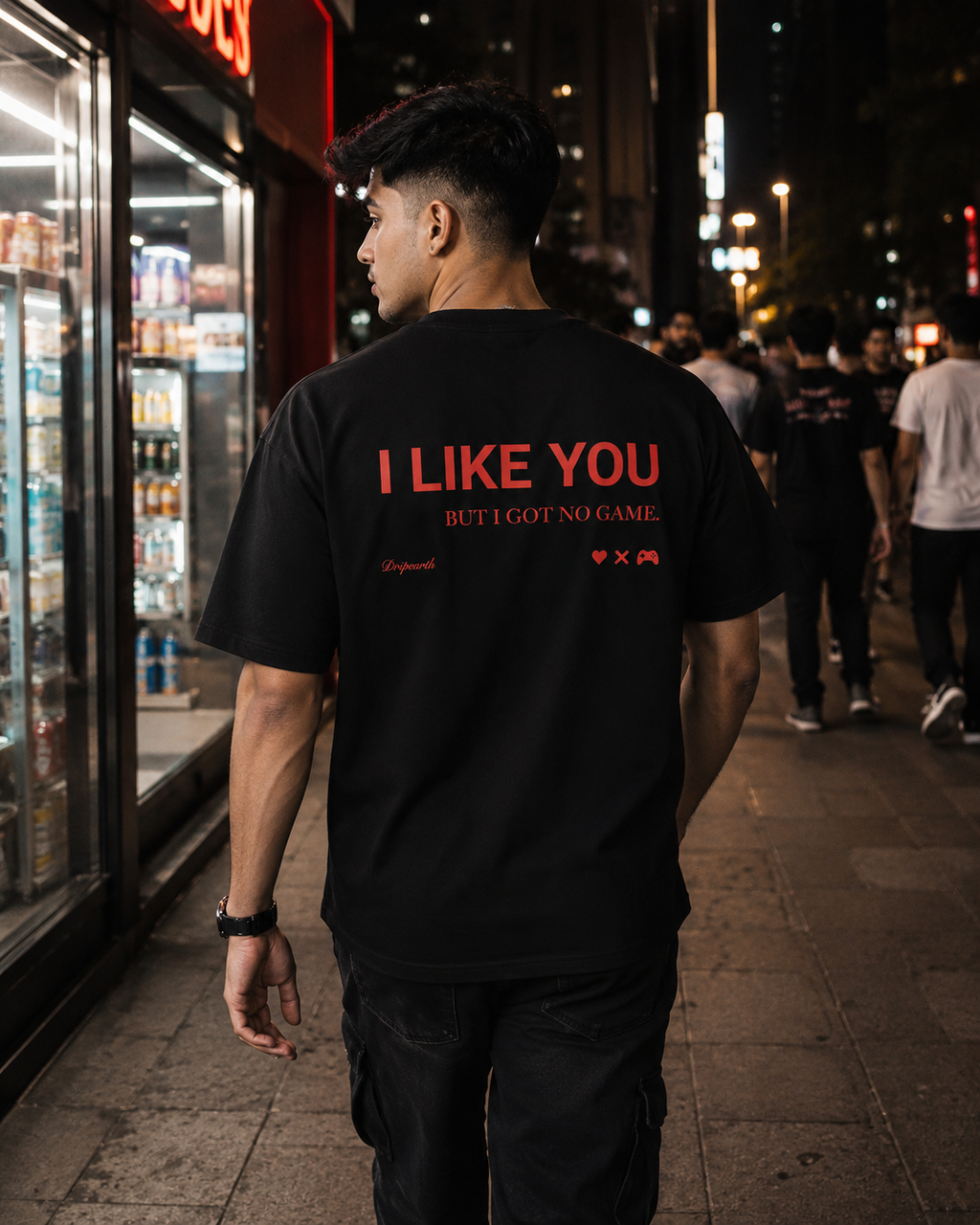 Black Drip Earth premium cotton stretch t-shirt with UNFILTERED NO GAME back graphic - rear model view