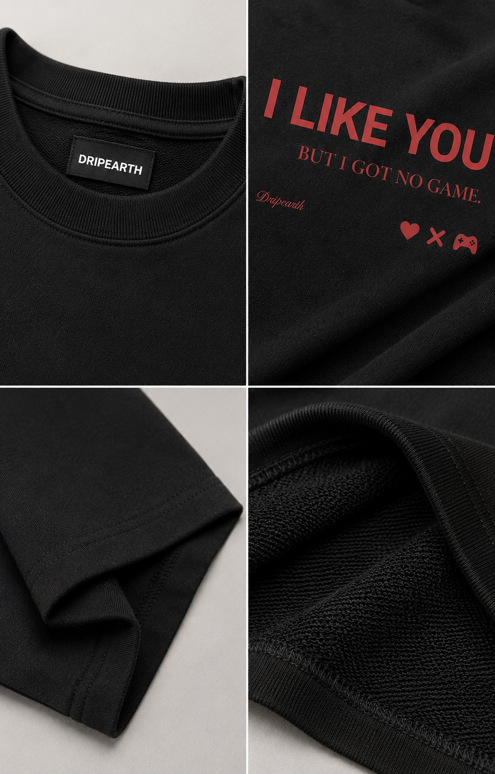 Black Drip Earth oversized heavyweight t-shirt detail collage showing collar, print and fabric close-ups