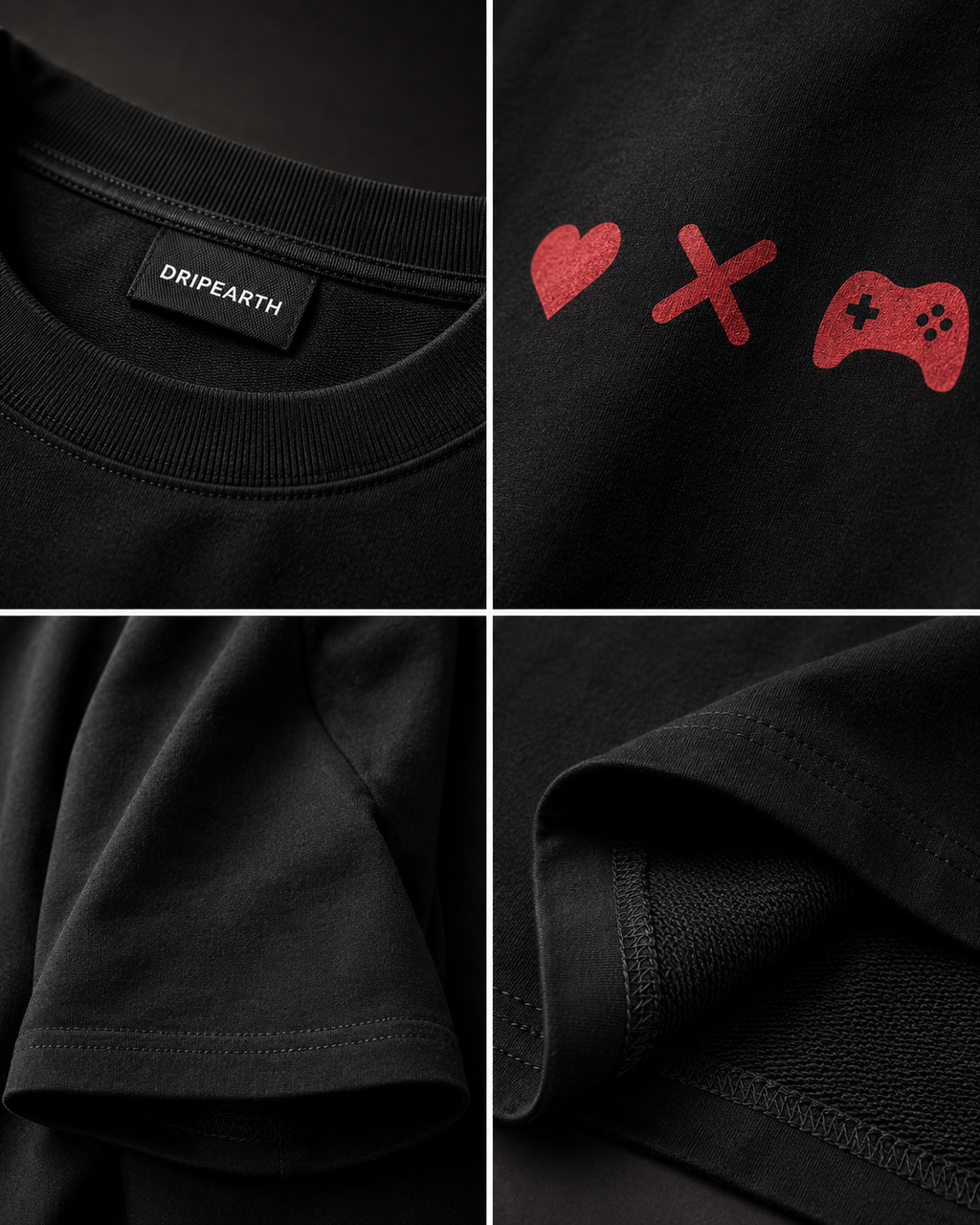 Black Drip Earth premium cotton stretch t-shirt detail collage showing collar, print and fabric close-ups