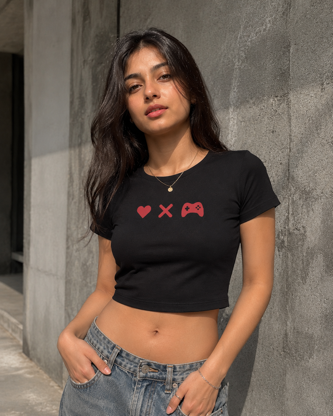 Black Drip Earth female baby tee - front model view