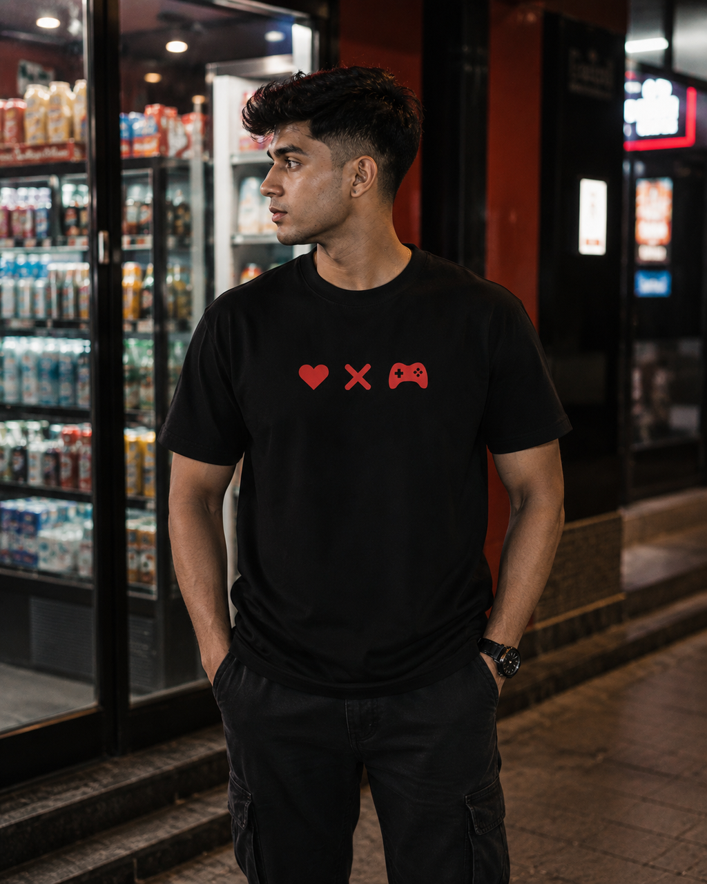 Black Drip Earth premium cotton stretch t-shirt - front model view