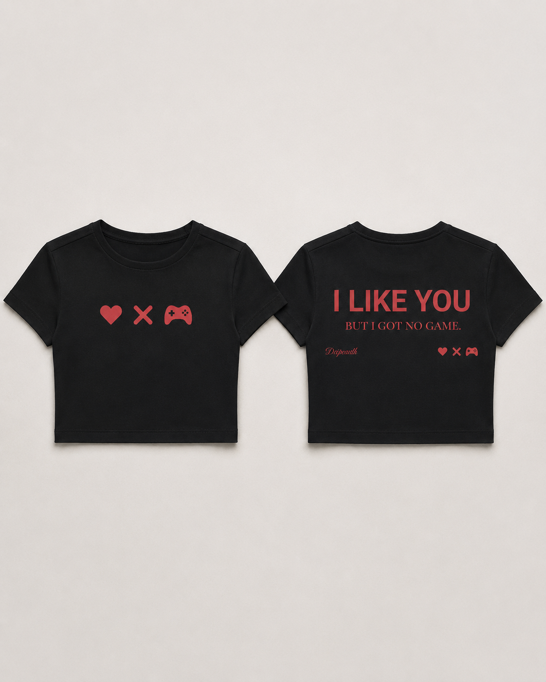 Black Drip Earth female baby tee with UNFILTERED NO GAME graphic - folded front and back view