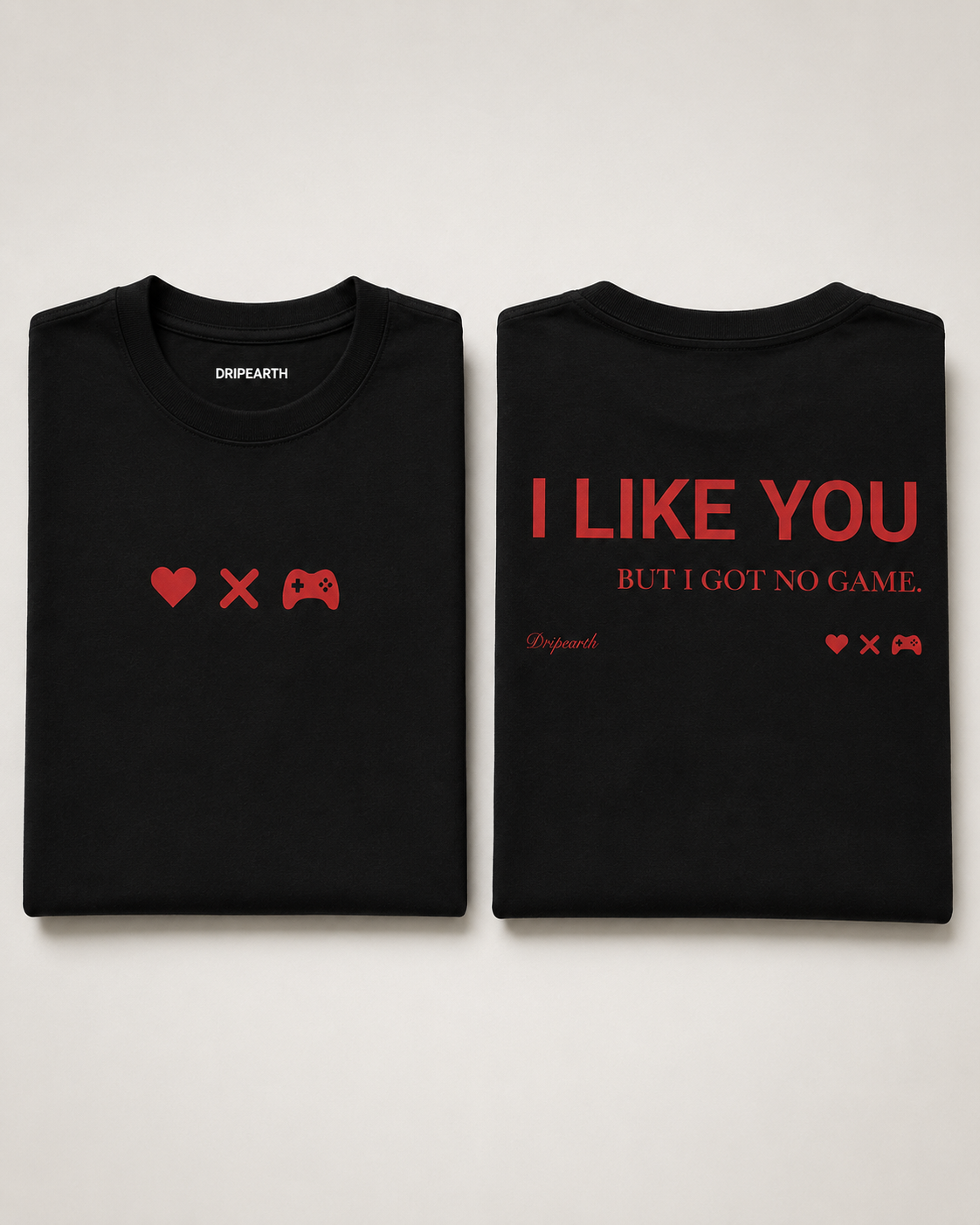 Black Drip Earth premium cotton stretch t-shirt with UNFILTERED NO GAME graphic - folded front and back view