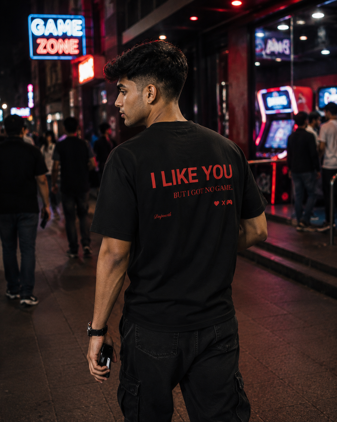 Black Drip Earth premium cotton stretch t-shirt with UNFILTERED NO GAME graphic - lifestyle streetwear shot
