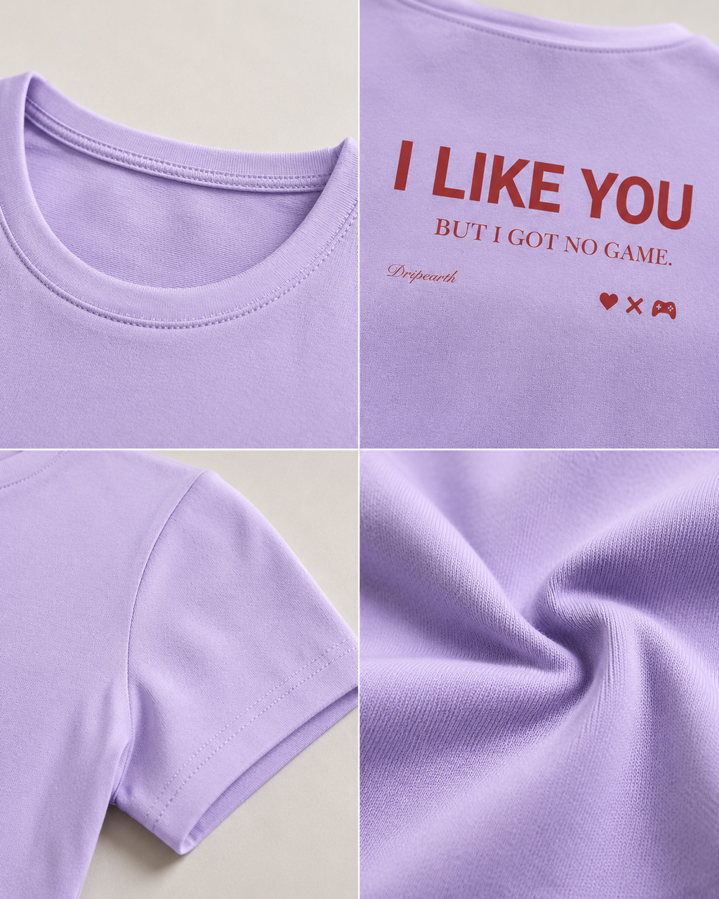 Lavender Drip Earth female baby tee detail collage showing collar, print and fabric close-ups