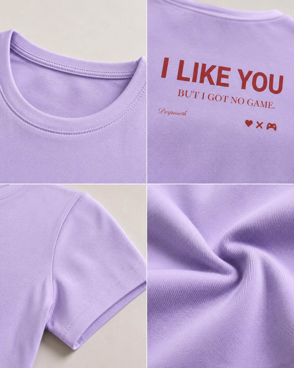 Lavender Drip Earth female baby tee detail collage showing collar, print and fabric close-ups
