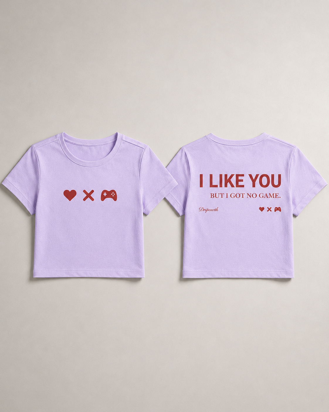 Lavender Drip Earth female baby tee with UNFILTERED NO GAME graphic - folded front and back view