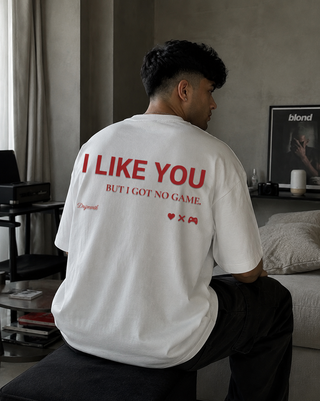 White Drip Earth oversized heavyweight t-shirt with UNFILTERED NO GAME back graphic - rear model view