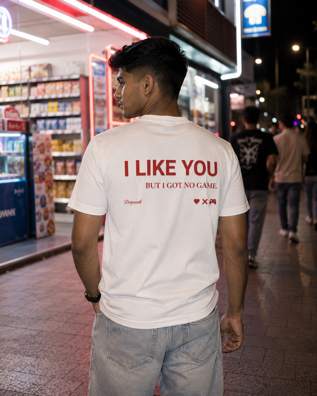 White Drip Earth premium cotton stretch t-shirt with UNFILTERED NO GAME back graphic - rear model view