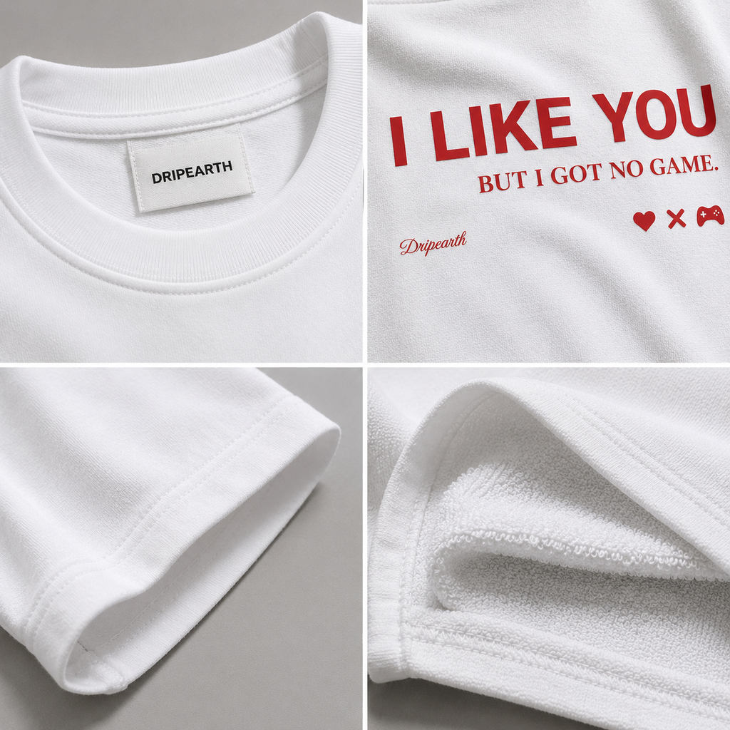White Drip Earth oversized heavyweight t-shirt detail collage showing collar, print and fabric close-ups