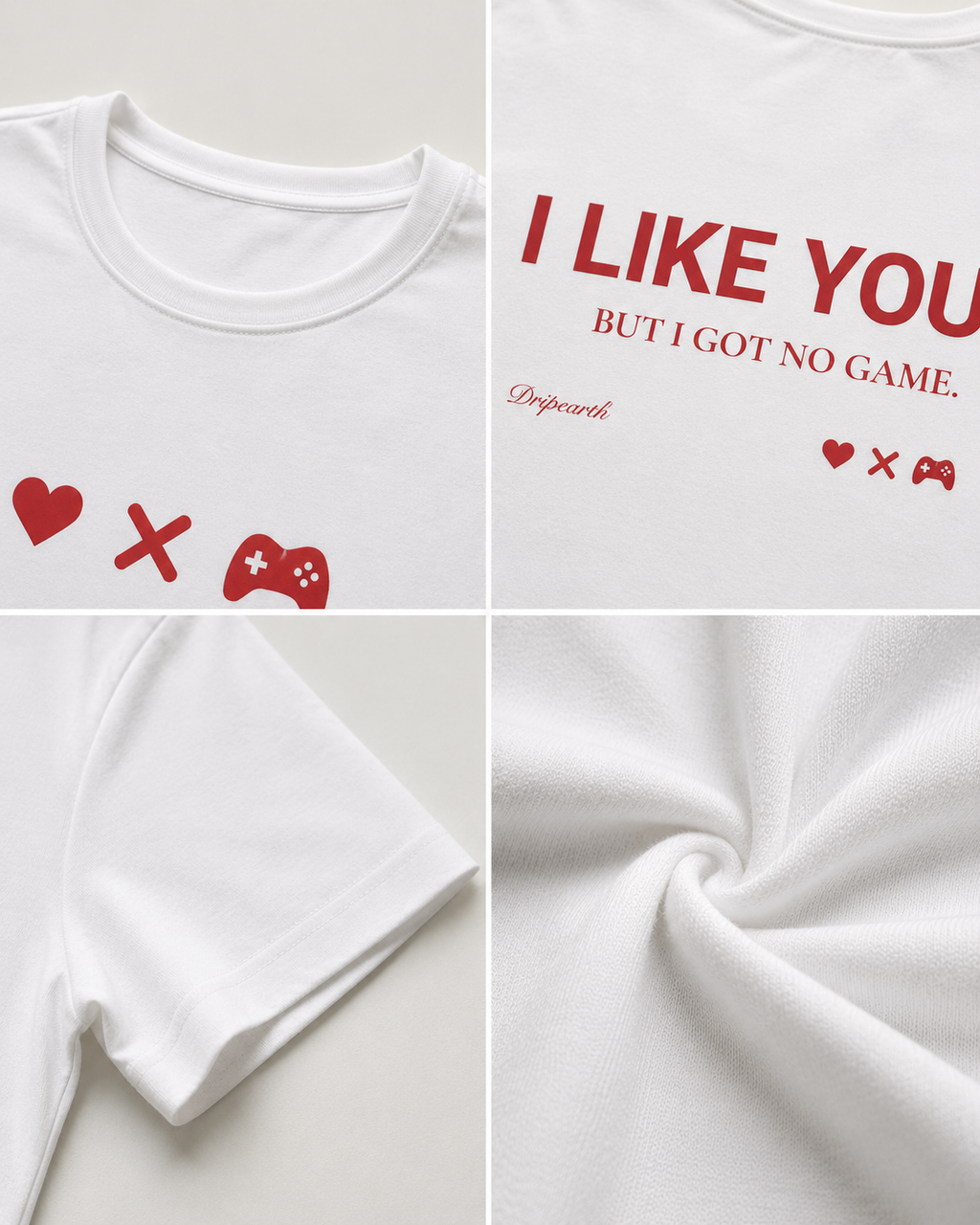 White Drip Earth female baby tee detail collage showing collar, print and fabric close-ups