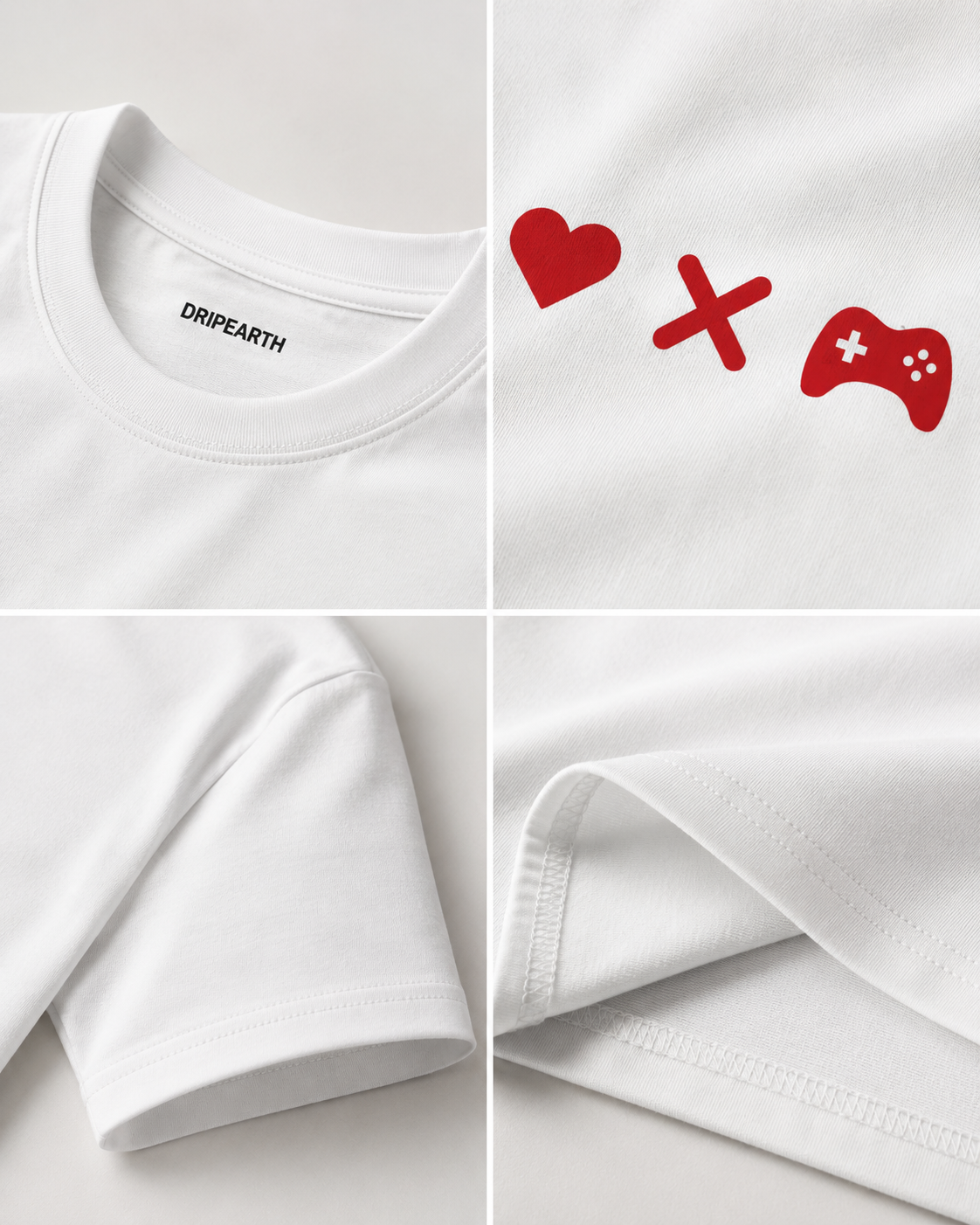 White Drip Earth premium cotton stretch t-shirt detail collage showing collar, print and fabric close-ups