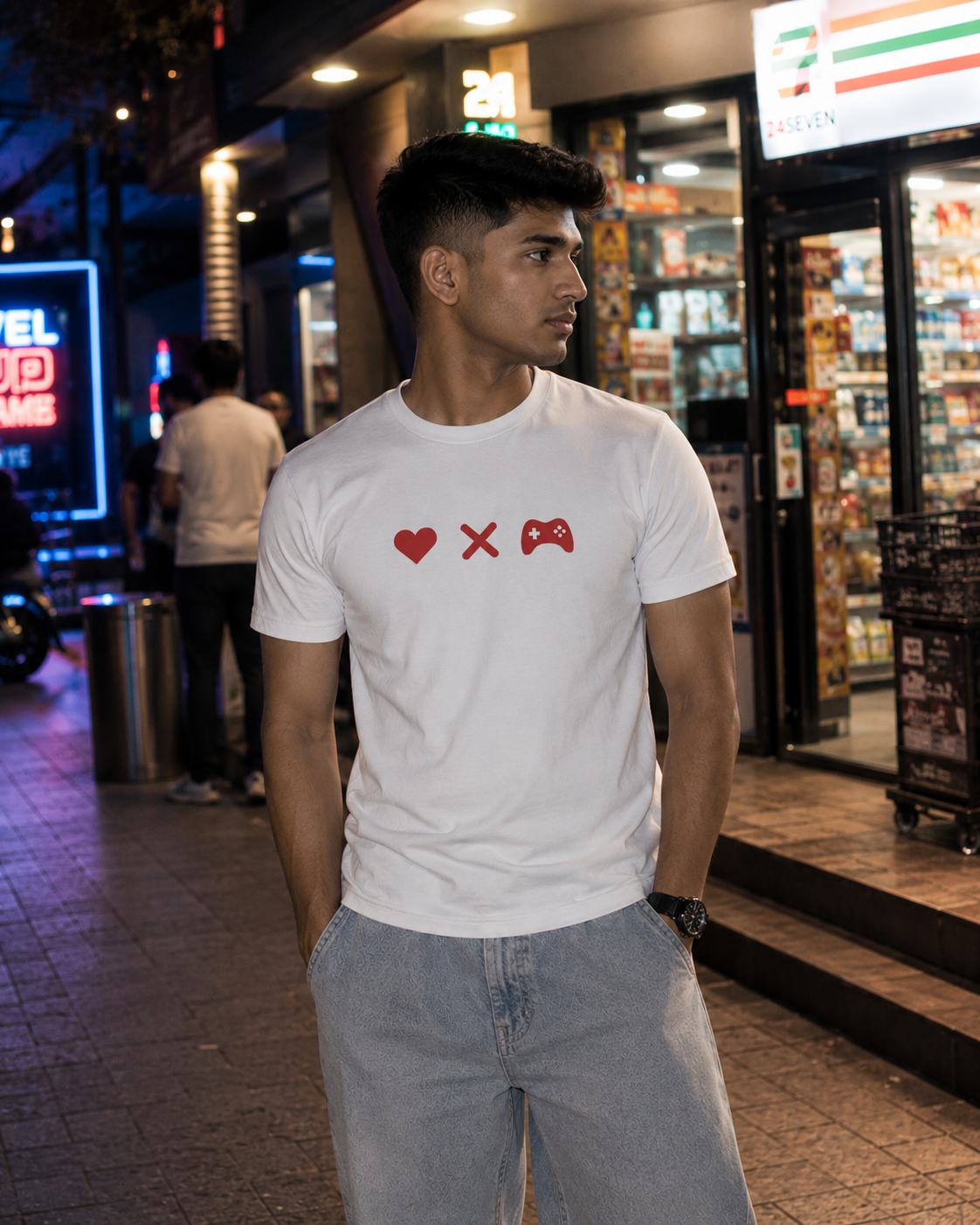 White Drip Earth premium cotton stretch t-shirt - front model view