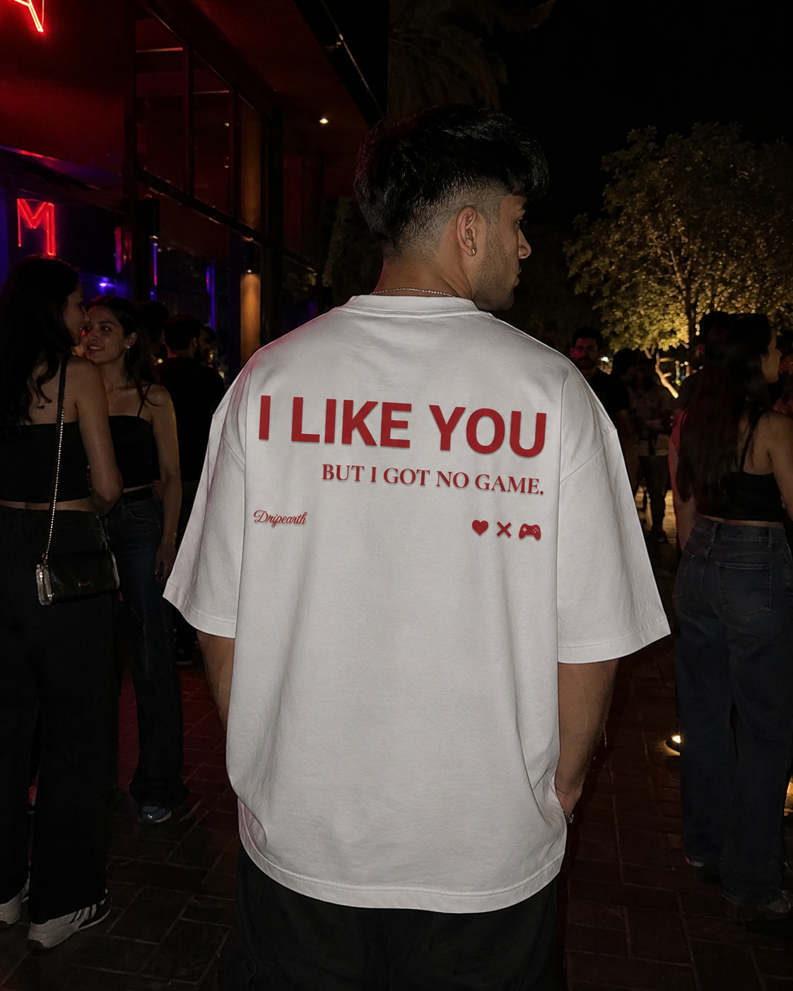 White Drip Earth oversized heavyweight t-shirt with UNFILTERED NO GAME graphic - lifestyle streetwear shot