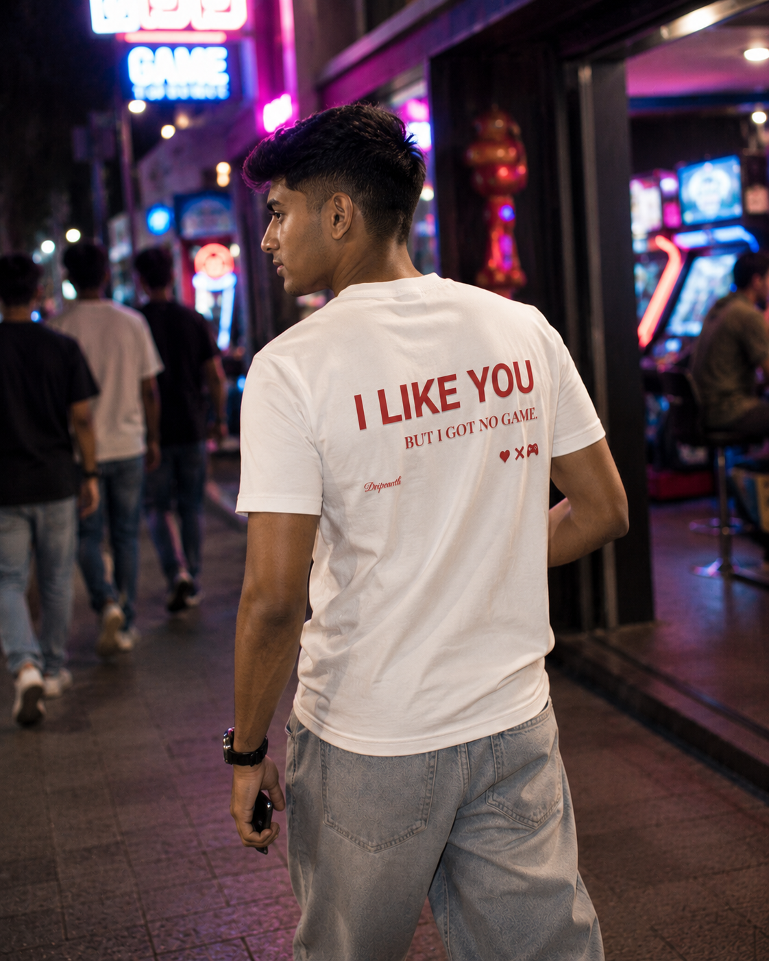 White Drip Earth premium cotton stretch t-shirt with UNFILTERED NO GAME graphic - lifestyle streetwear shot