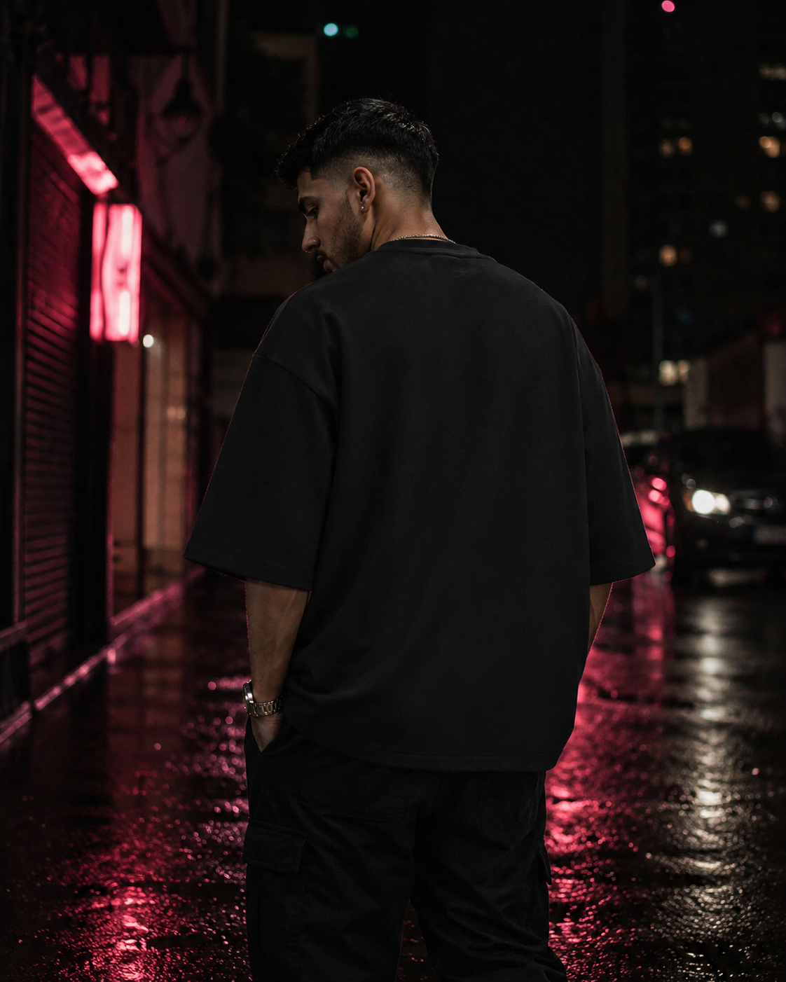 Black FK Energy Premium Oversized T-Shirt back view with minimal oversized streetwear silhouette