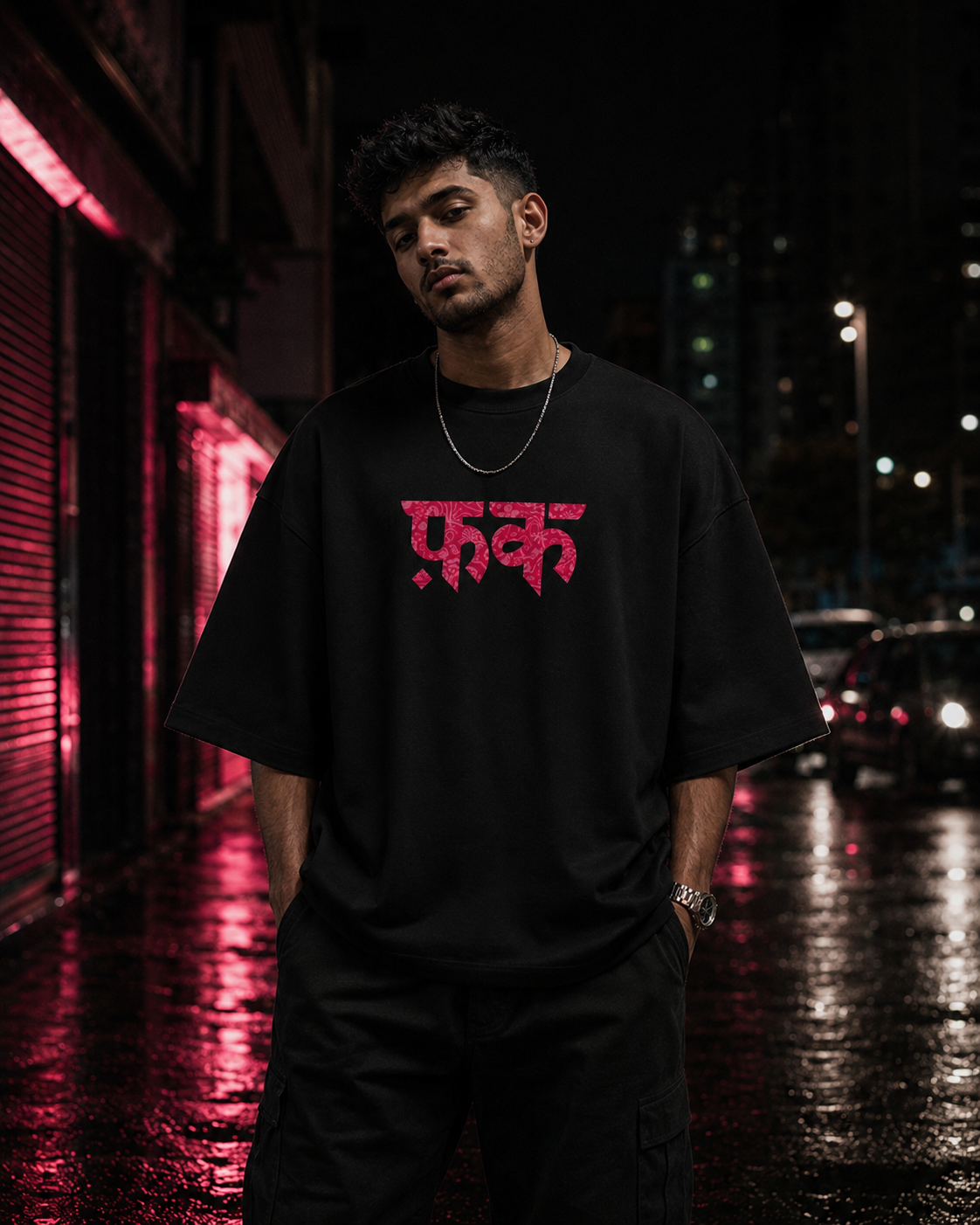 Black FK Energy Premium Oversized T-Shirt front view with FK typography graphic