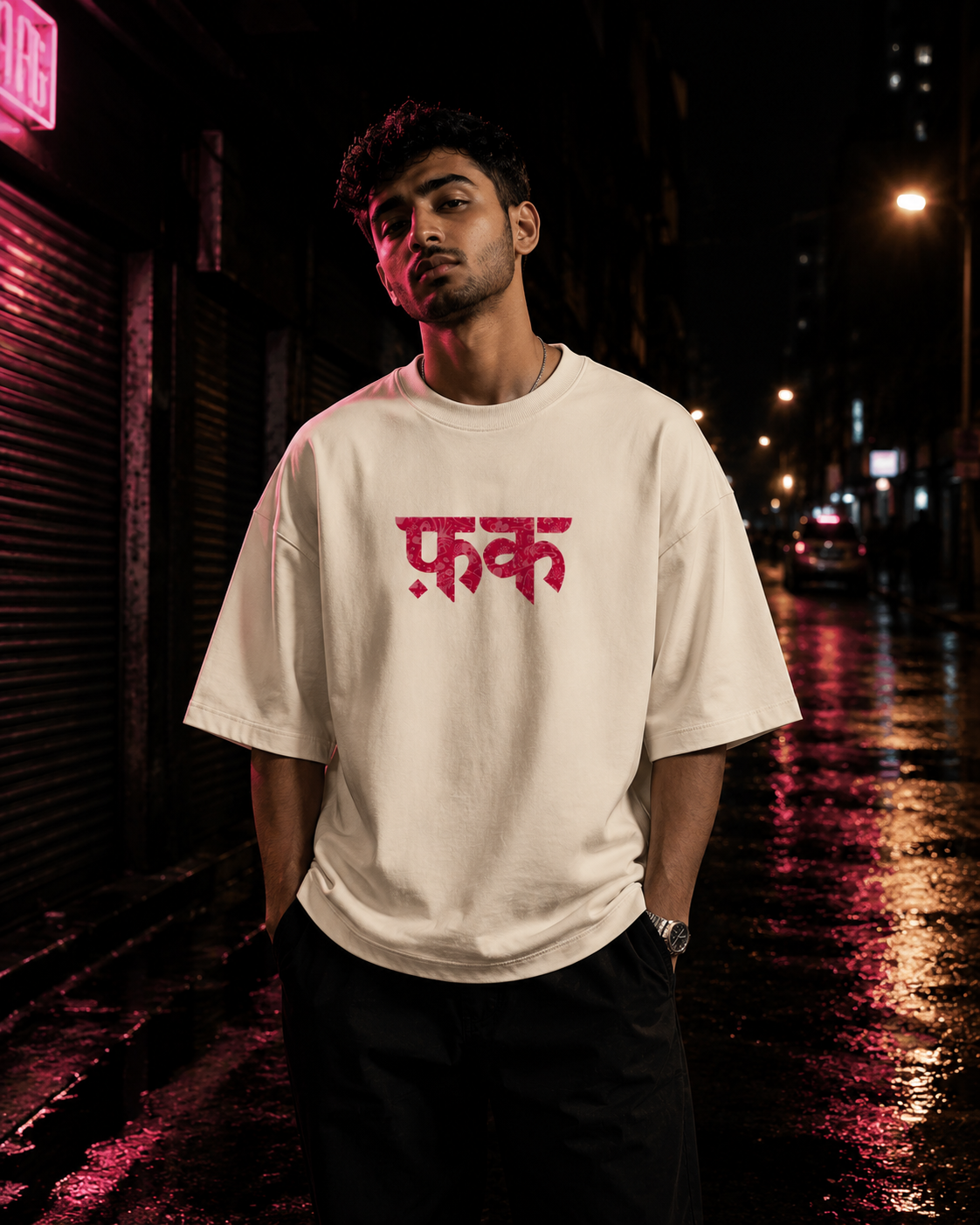 Off-White FK Energy Premium Oversized T-Shirt front view with FK typography graphic