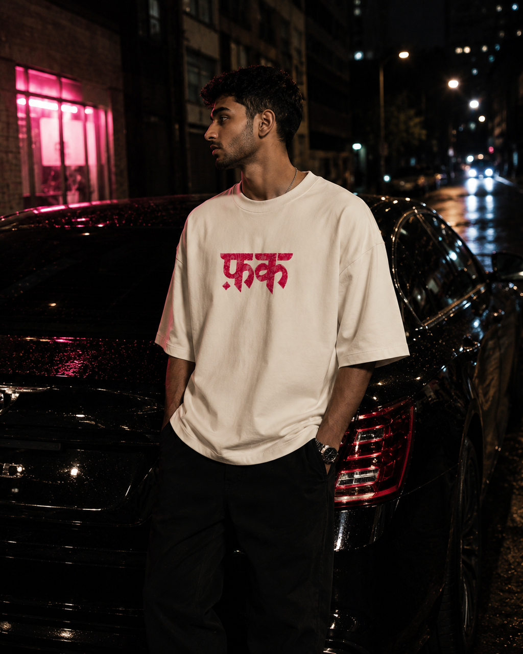 Off-White FK Energy Premium Oversized T-Shirt in premium urban streetwear lifestyle setting with FK graphic design