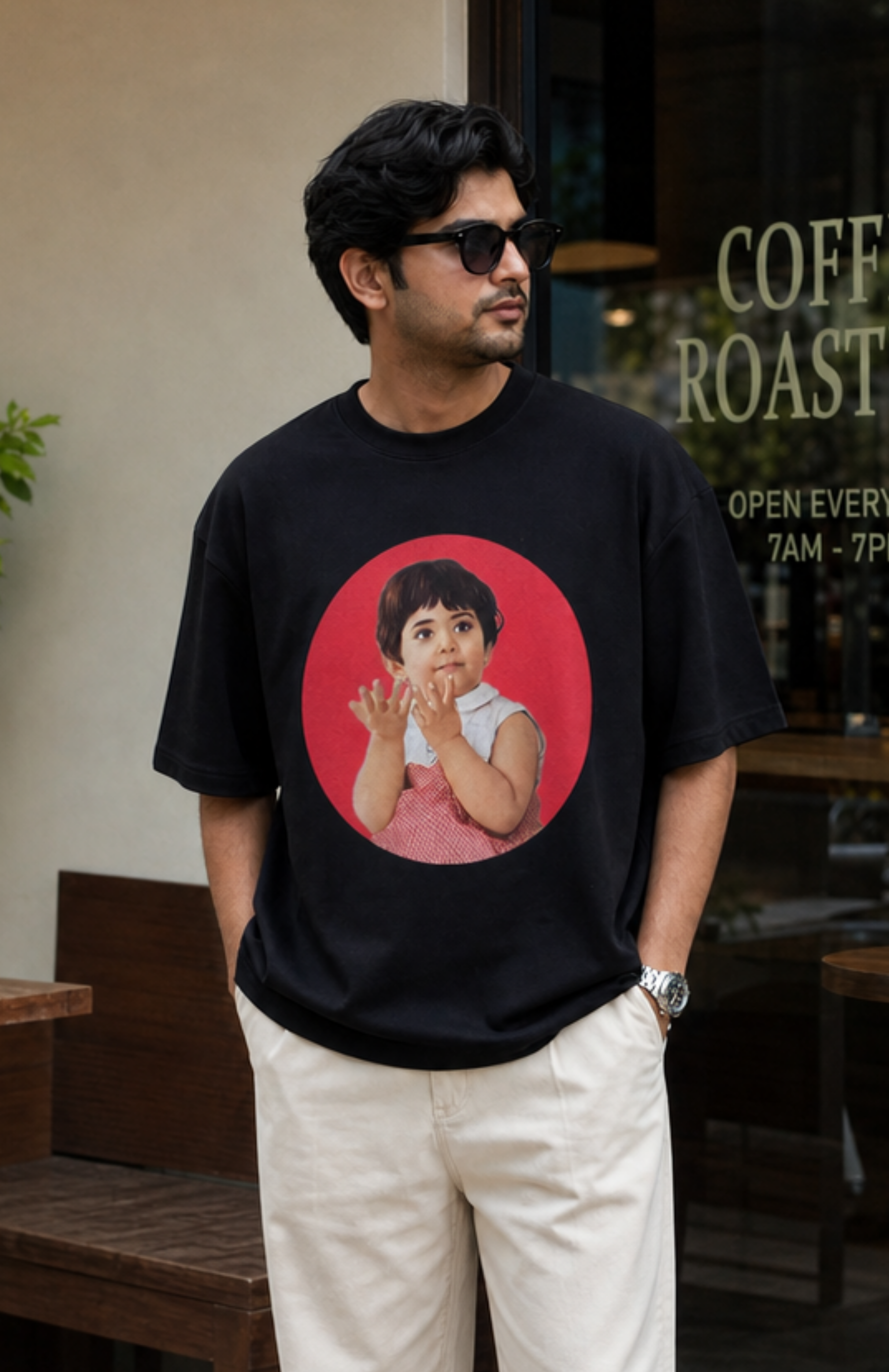 Man wearing a black t-shirt with a graphic design of Parle G Girl, standing in a casual setting.  